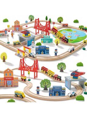 110PCS Wooden Train Set with Tracks for Kids 3-7 | Fun Railway Playset Toy